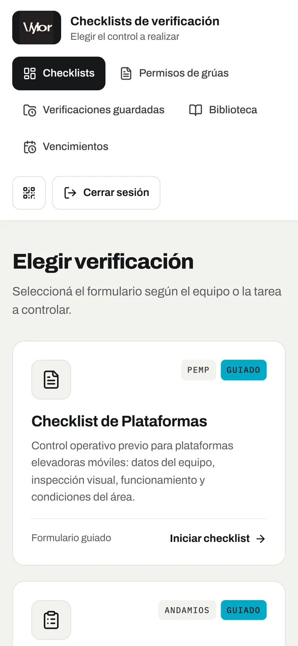 Selector de checklists en el celular