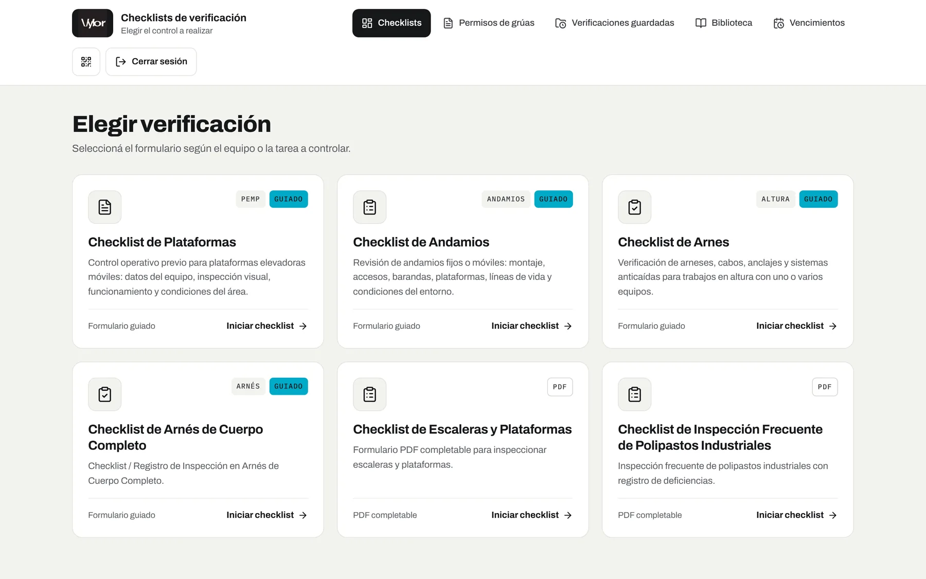 Selector de checklists: formularios guiados y PDF completables.